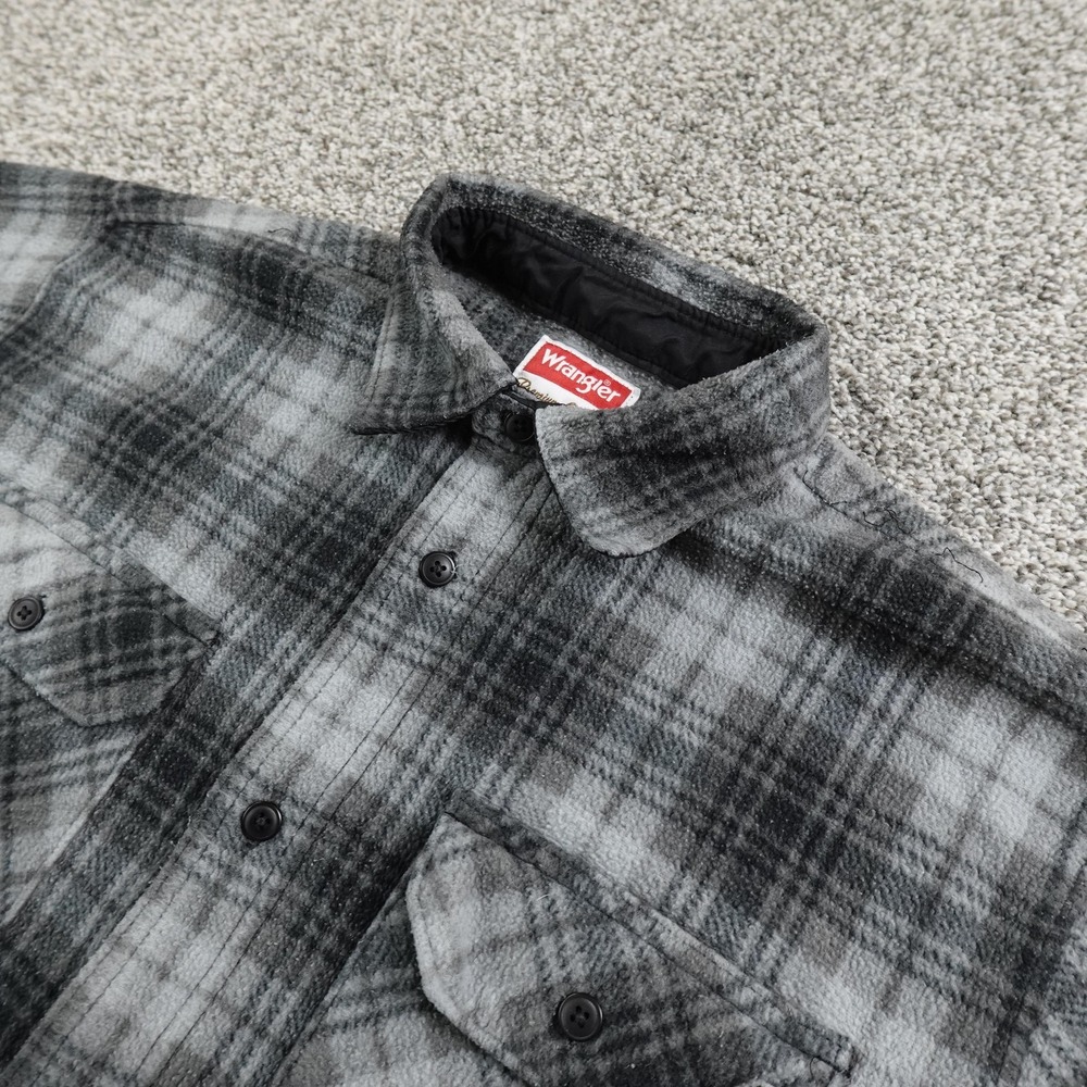 Wrangler‎ Jacket Mens M Gray Black Plaid Fleece Lined Flannel Shirt Coat Shacket
